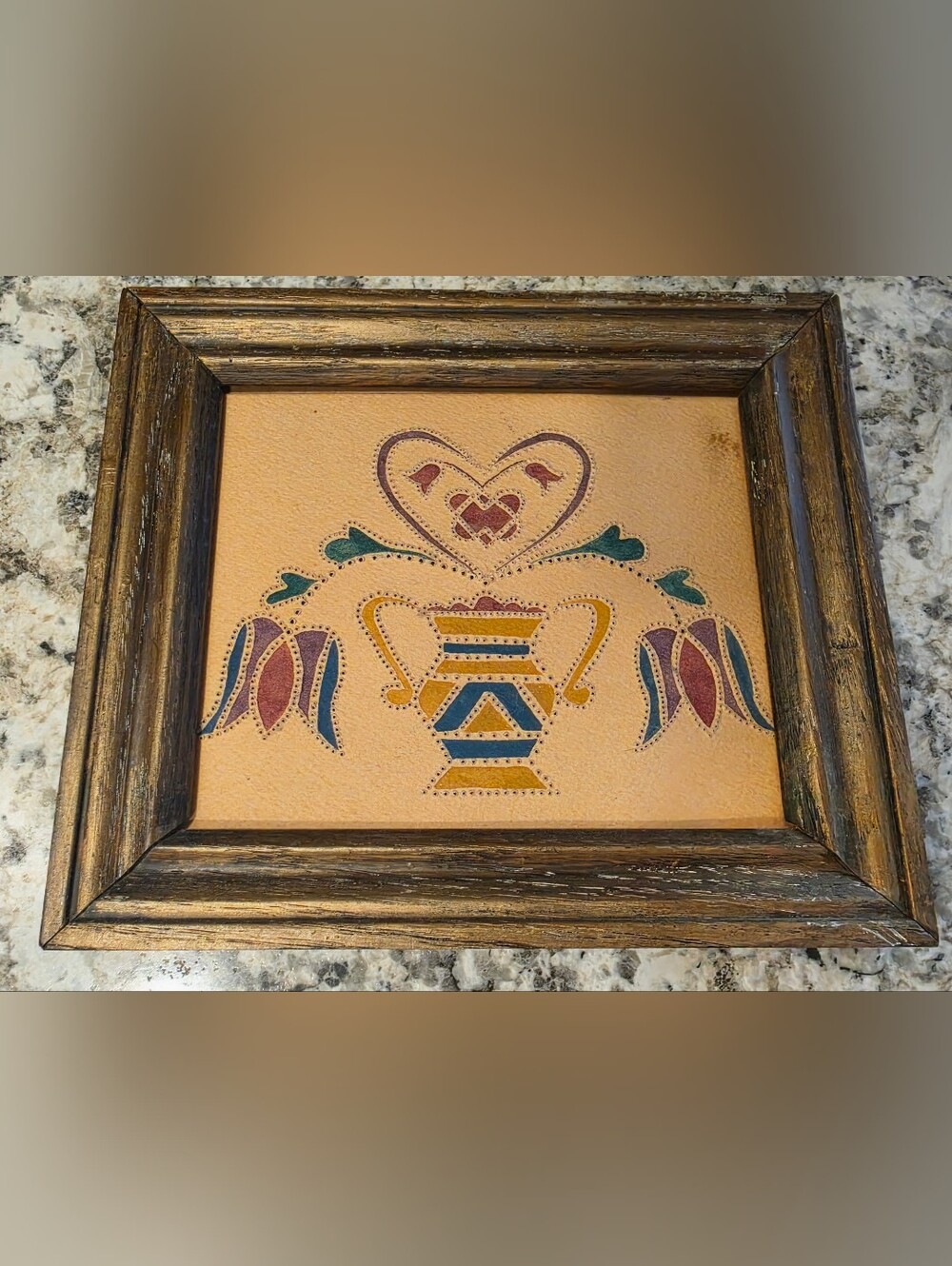 Vintage Style Tooled Leather Folk Art Heart Vase Floral Framed Wall Decor 8x7